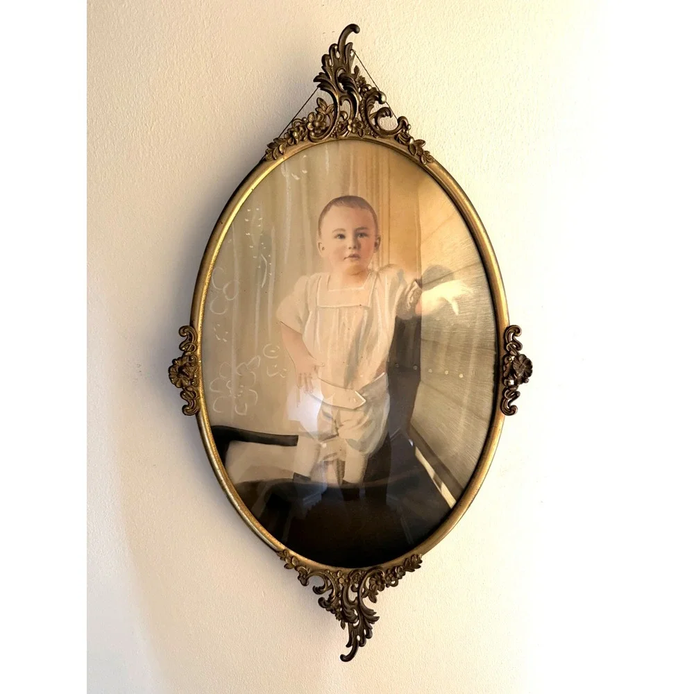 Antique Oval Bubble Glass Ornate Metal Frame Hand Colored Child Portrait Vintage